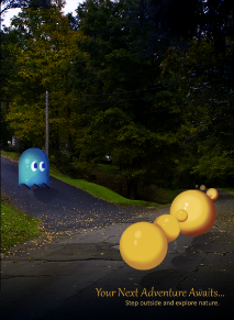 Ad poster showcasing the pac man characters in the real world