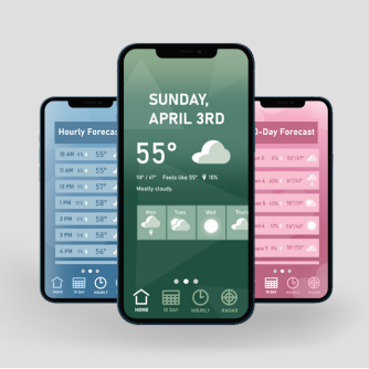 Weather app design displayed on three phone screens