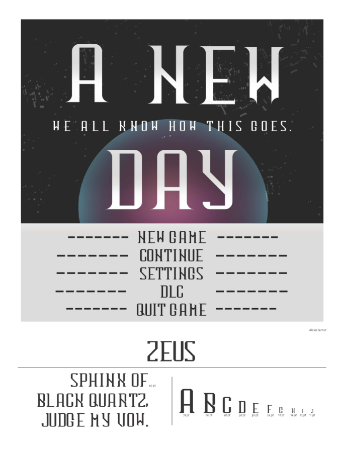Zeus typeface showcase, created into a game homescreen. Typeface alphabet showcased below